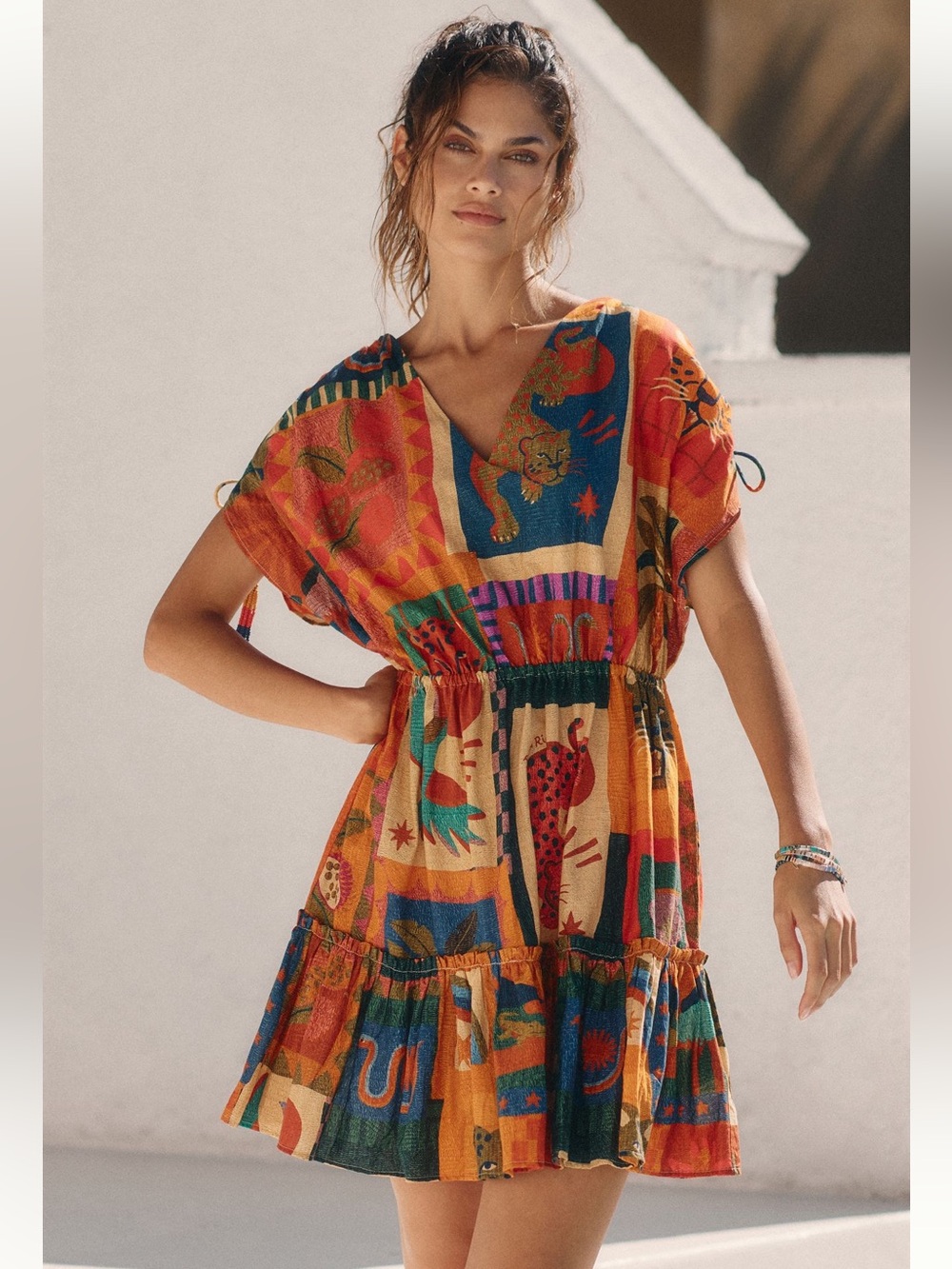 FARM Rio Multicolor Patchwork Tie-Detail Mini Dress - 100% Cotton